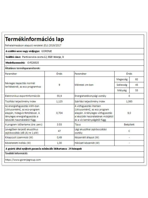 Gorenje Gv520E15 Keskeny Beépíthető Mosogatógép