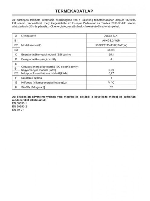 Amica 55898 ( 508Ge2.33Ehzptap(W)) Fehér Programórás , Multifunkciós Kombinált Tűzhely